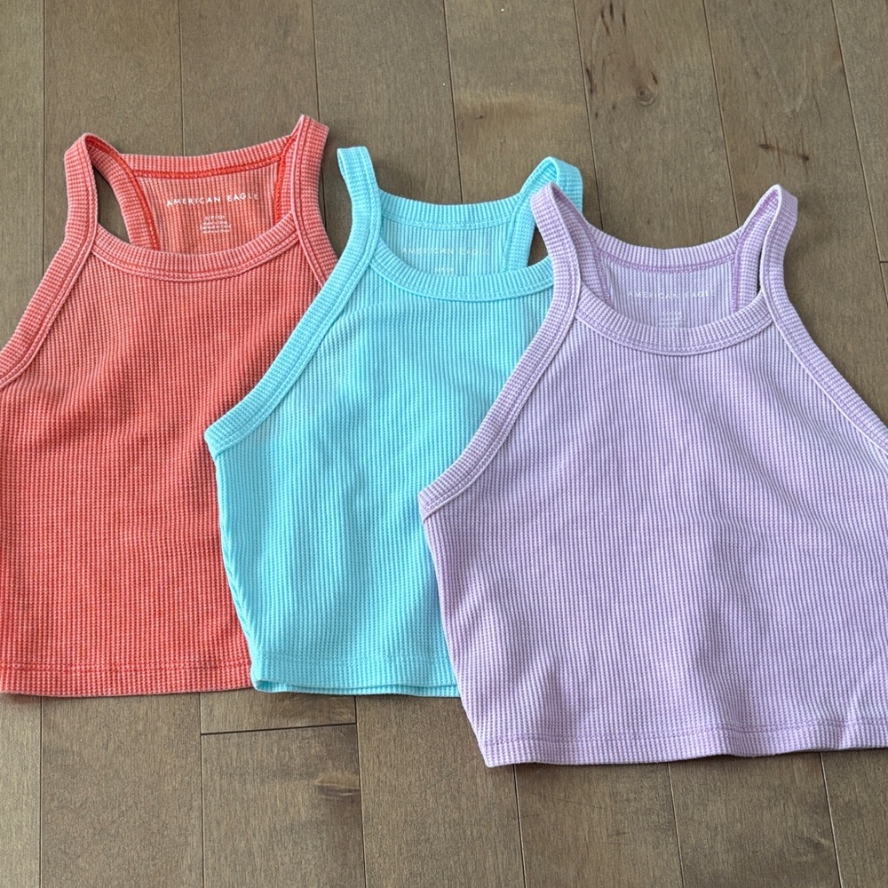 American Eagle Outfitters Ribbed Tank Trio- Coral, Aqua, Lavender